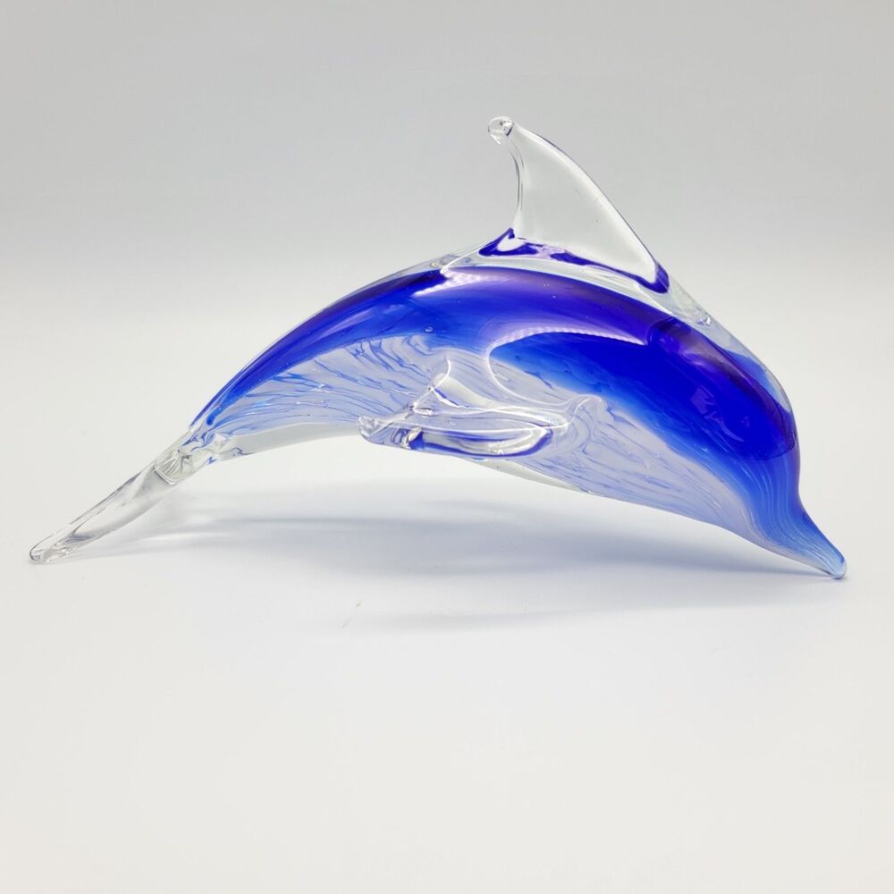 Art Glass Dolphin White in Blue Hand Blown Paperweight Figurine 8.5”long